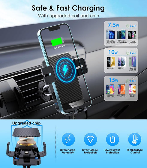 Wireless Car Charger, MOKPR 15W Fast Charging Auto-Clamping Phone Mount, Compatible with iPhone 15/14/13/12/11/X/8