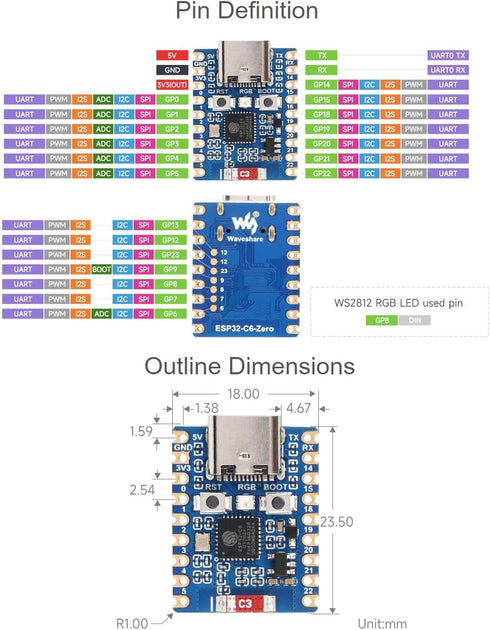 waveshare ESP32-C6 Mini Development Board, WiFi 6, Dual Processors, 2.4GHz WiFi 6 + Bluetooth 5(LE), Compatible with