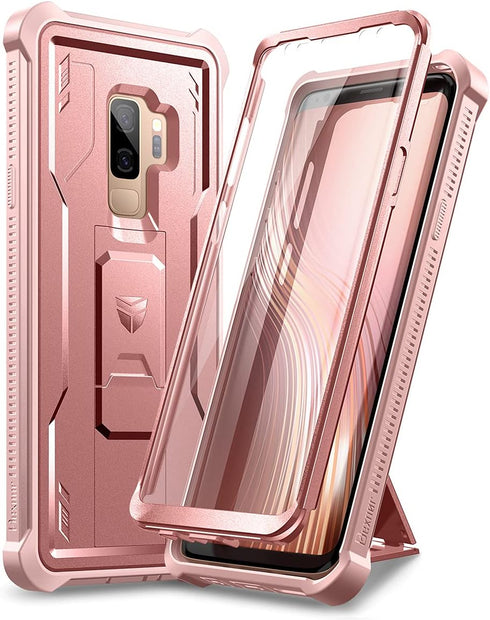 Dexnor Heavy Military Grade Case for Samsung Galaxy S9+ Plus, Built-in Screen Protector and Kickstand, Rose Gold