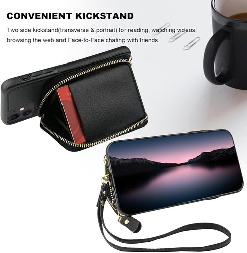 Bocasal RFID Blocking Wallet Case for iPhone 11 - Black, Adjustable Crossbody Zipper Purse Case with Detachable Wrist