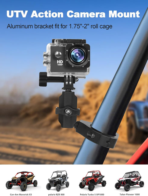 UTV Camera Mount for 1.75"-2" Roll Bars - Compatible with GoPro, Mevo Start & More - Easy to Install Action Camera Accessories on Polaris RZR, Can Am - Durable Alu Alloy Made & 360° Rotation