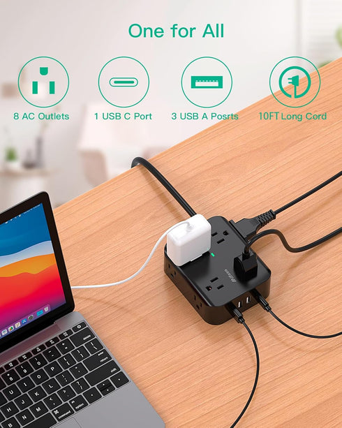 Extension Cord 10 FT - Flat Plug Power Strip Surge Protector with 8 Outlets and 4 USB Ports, Indoor Home Office