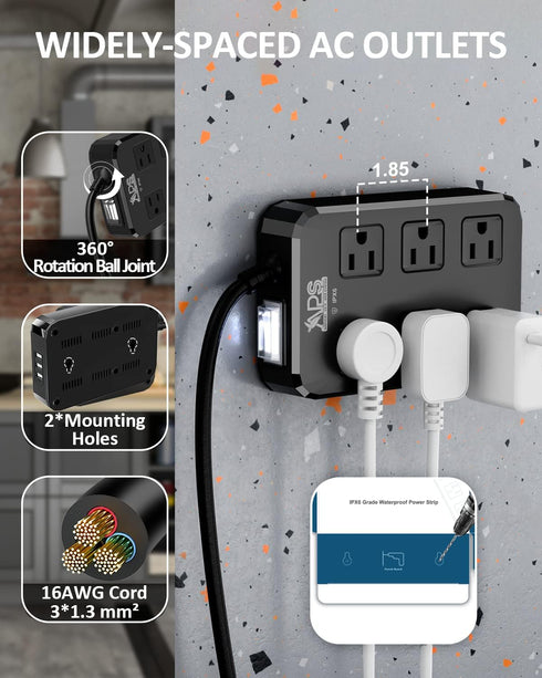 Weatherproof Outdoor Power Strip, Waterproof Surge Protector with 6 Wide Outlets, 3 USB Ports, 10FT Extension Cord,