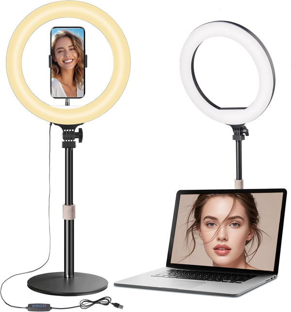 UEGOGO 10 Desk Ring Light with Stand, LED Circle Light with Phone Holder