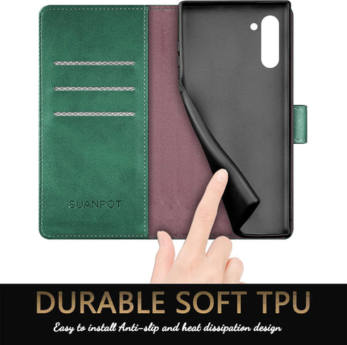 SUANPOT RFID Blocking Leather Wallet Case for Samsung Galaxy Note 10 6.3" with Credit Card Holder, Sea Green