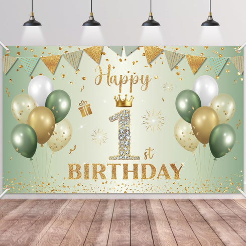 Happy 1st Birthday Banner Sage Green Gold, BTZO 1st Birthday Backdrop for Newborn Boys Girls Decorations