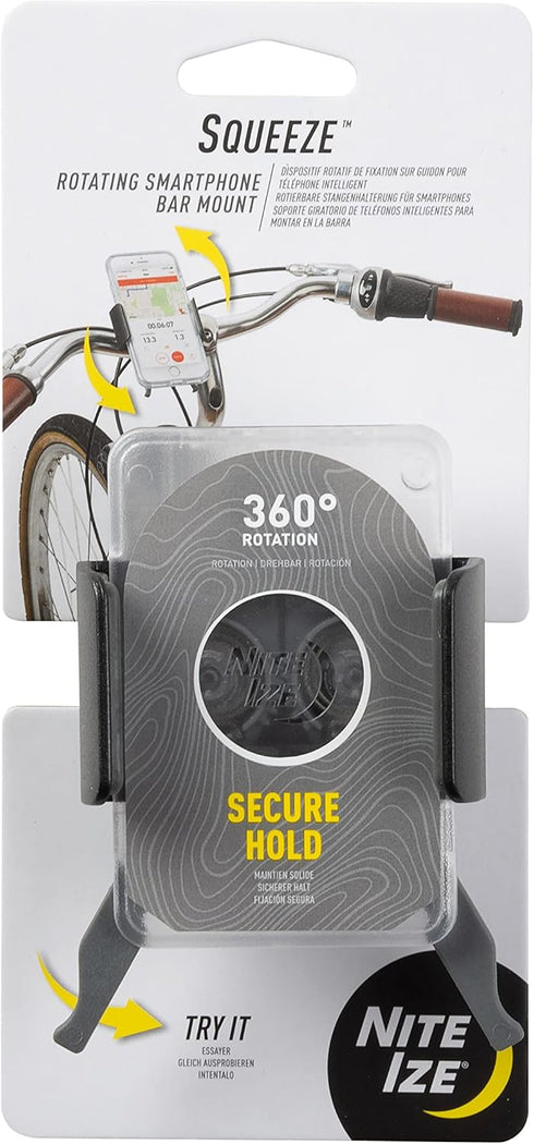 Nite Ize Squeeze Rotating Smartphone Bar Mount, Universal Phone Mount for Bike Handlebar with Mounting Strap