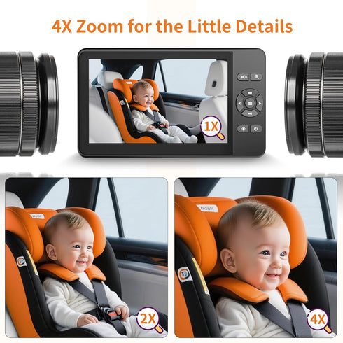 Setup 4.3'' 1080P 4X Zoom,10 360 Baby Car Camera,Plug and Play Easy HD Car Baby Monitor with Lullabies, Auto IR Night
