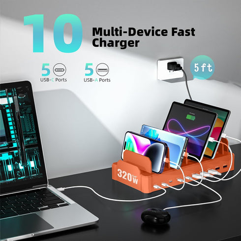 zobirez 320W 10-Port Charging Station for Multiple Devices, USB C Fast Charger Stations for MacBook, iPhone, Android