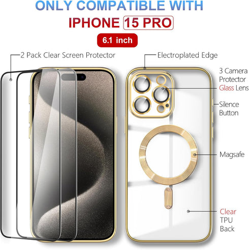 iPhone 15 Pro Case MagSafe - Transparent Electroplated Magnetic Case with Screen Protector & Camera Cover (Gold)