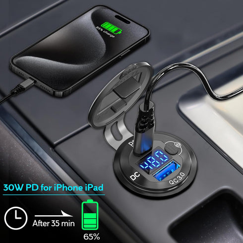 High Voltage USB Outlet 12V-60V Aluminum Car Charger Socket, PD 30W USB C and QC 36W Waterproof Cigarette Lighter