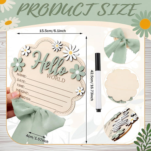 Amyhill Sage Green Bow Hello World Newborn Baby Sign Flower Baby Birth Announcement Sign with Pen Newborn Essentials