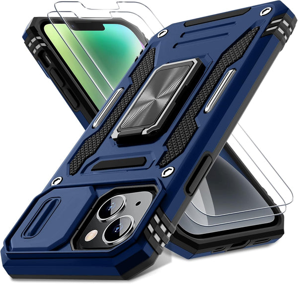 DEERLAMN iPhone 13/14 Case with Slide Camera Cover + Screen Protector (2 Packs), Navy Blue, Military Grade Shockproof