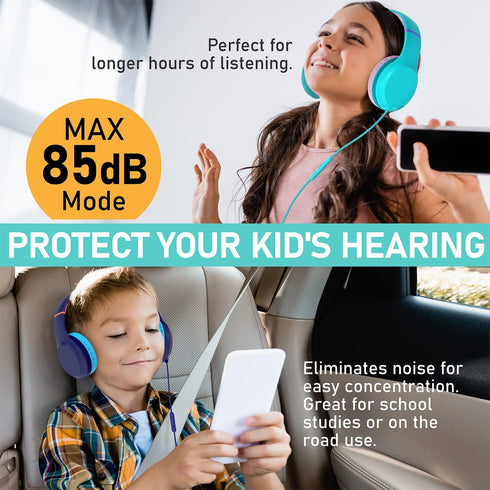FosPower Kids Headphones, Safe Volume Limit 85 dB, Over The Ear with Built-in Mic, Tangle-Free Cable, Mint/Pink