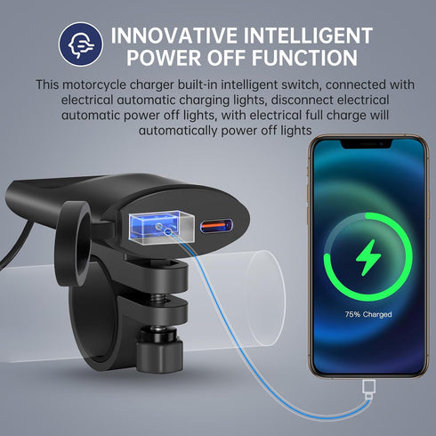 Motorcycle USB Charger, 12-Volt USB-A and USB-C Dual Charging Port for Handlebar, Waterproof 12V Power Accessories