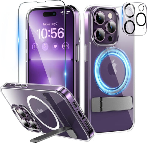 Magnetic iPhone 14 Pro Case with Screen Protector, Slim Kickstand + Camera Protector, Compatible with MagSafe, Clear