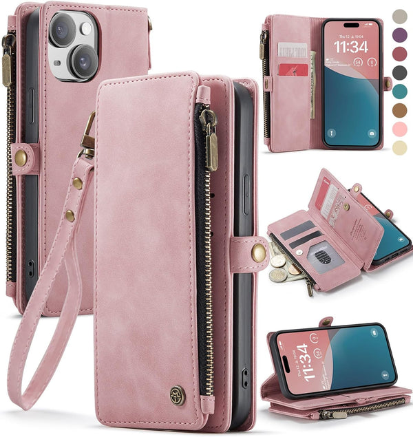 Defencase iPhone 13 Mini Case Wallet, RFID Blocking Card Holder, PU Leather Magnetic Snap Flip Zipper Strap Wallet Rose