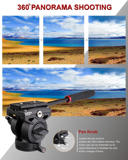 VS05K Tripod Fluid Head with 1/4" Arca QR Plate, Max Load 11 lbs for Video and DSLR Cameras, 3/8 to 1/4 Inch Screws