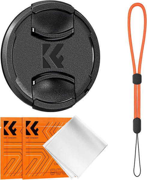 K&F Concept 52mm Lens Cap Cover, 4-in-1 Center Pinch Lens Cover with Anti-Loss Keeper Leash & Microfiber Cleaning Cloth