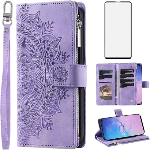 Asuwish Galaxy S10 Wallet Case with Mandala Flower, Tempered Glass, Wrist Strap, Zipper Card Holder, Purple.