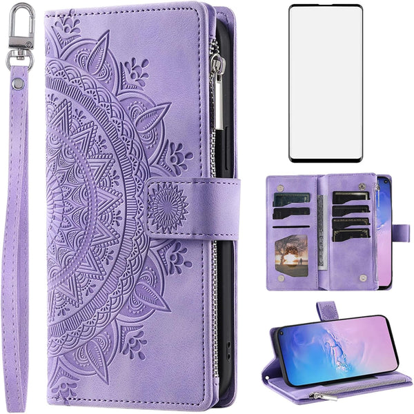 Asuwish Galaxy S10 Wallet Case with Mandala Flower, Tempered Glass, Wrist Strap, Zipper Card Holder, Purple.