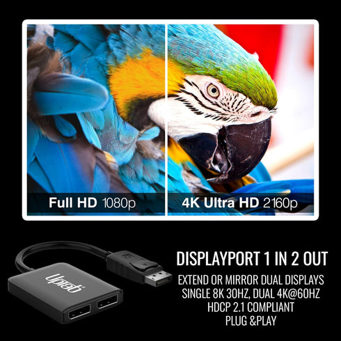 uptab DisplayPort to Dual DisplayPort Adapter 8K Multi Monitor Splitter, Converter Multi-Stream Transport (MST) Hub