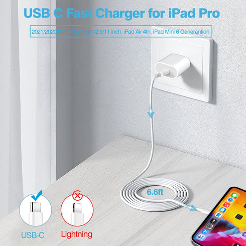 20W PD Wall Charger for iPad Pro 12.9/11, iPad Air 5/4, iPad 10, Mini 6 + 6.6ft USB C to C Charging Cable.