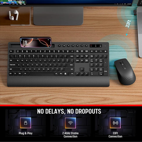 Trueque KM31 Wireless Keyboard and Mouse Combo - Full-Size Quiet Typing with Palm Rest, Phone Holder, Multimedia Keys