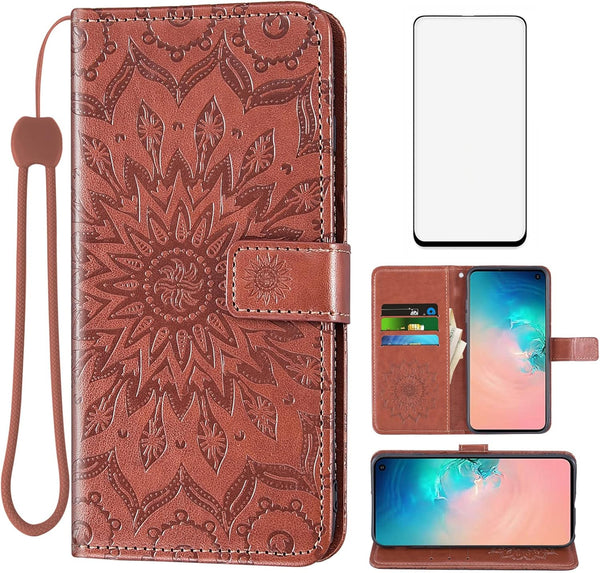 Samsung Galaxy S10e Wallet Phone Case with Tempered Glass Screen Protector, Magnetic Flip Cover, Card Holder (Brown)