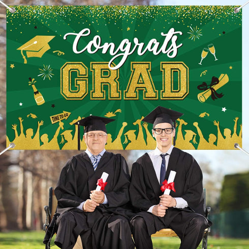 Green Graduation Banner 2025 Congrats Grad, Large Fabric Backdrop for Graduation Party Decoration 71 x 43”