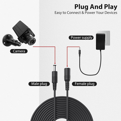 Vanxse 12v 2.1x5.5mm (20Meters-65FT) Dc CCTV Power Extension Cable for CCTV Security Camera WiFi IP Surveillance Camera