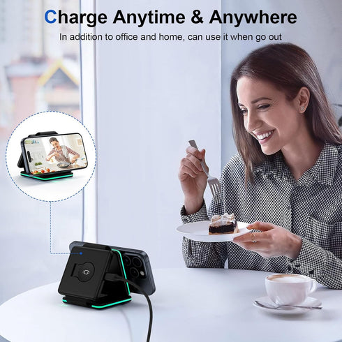 Magnetic Wireless Charging Station for iPhone MagSafe Charger, 3 in 1 Foldable Charger Dock for Travel, Wireless