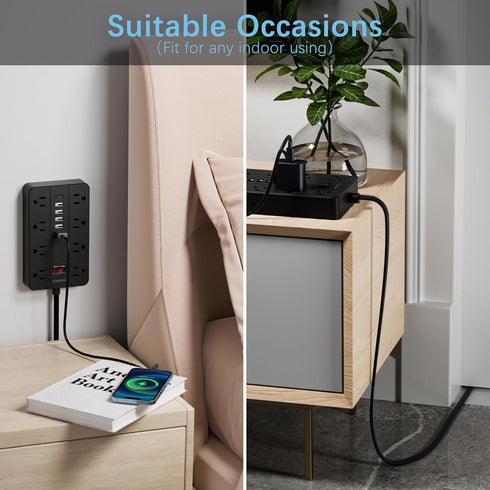 HUNIAN 5 8 6 Charger(1 Power Strip with USB Ports, Ft Extension Cord Flat Plug with Outlets, USB USB C Port), Indoor