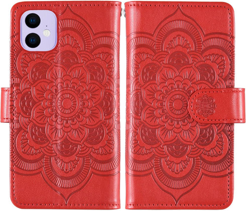 Asuwish iPhone 11 Wallet Case with Flower Flip, Tempered Glass Protector & Card Holder - Red Cell Accessories