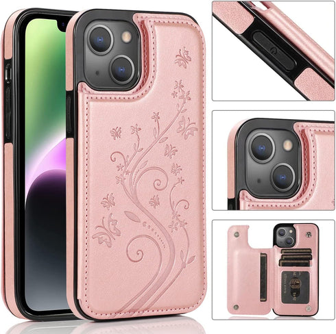 Asuwish Card Holder Wallet Cover Case for iPhone 15 6.1 inch, with Tempered Glass Screen Protector, Rose Gold