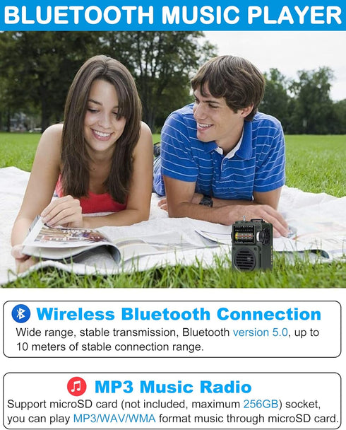 HanRongDa Shortwave Radio, Bluetooth Speaker with MicroSD, FM MW WB SW Receiver, NOAA Alerts, Rechargeable Retro Analog