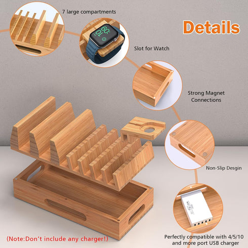 Pezin & Hulin Bamboo Charging Station Organizer for Multiple Devices & Wood Desktop Docking Stand for Cell Phone,