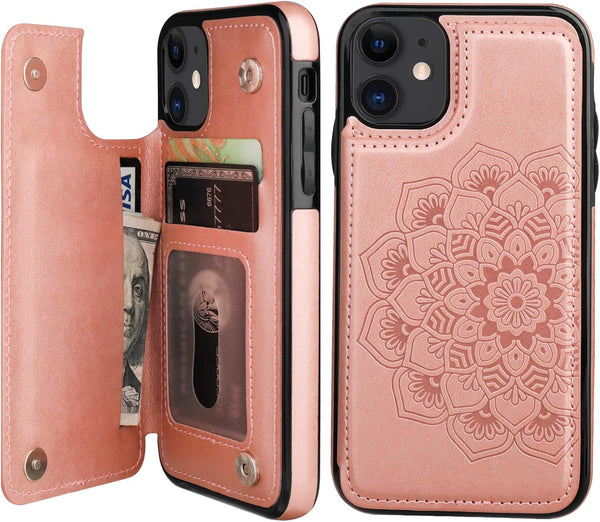 Vaburs iPhone 11 Case Wallet - Embossed Mandala Pattern Flower PU Leather Cover with Card Holder, Flip Shockproof for