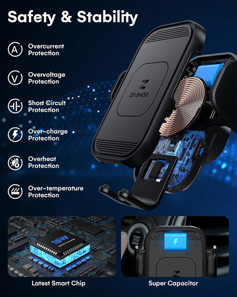 ZeeHoo Wireless Car Charger, 15W Fast Charging Auto Clamping Phone Mount for iPhone 15/14/13/12/11 Pro Max Xs, Etc.