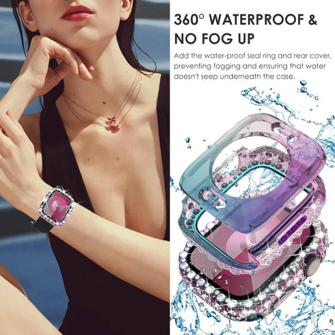 Surace 2 in 1 Waterproof Bling Case for Apple Watch Series 9/8/7 45mm, Lace Edge Diamond Protective Bumper Cover
