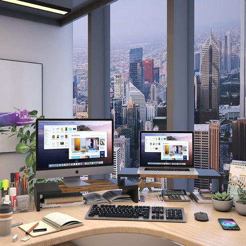 WESTREE Dual Monitor Stand, Adjustable Length and Angle Riser with 2 Shelves, Desktop Organizer for Monitors and Laptops