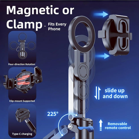 MiniLuxis 4-in-1 Magnetic Phone Tripod, Portable Selfie Stick, Pocket Size Foldable Extendable Tripod for iPhone