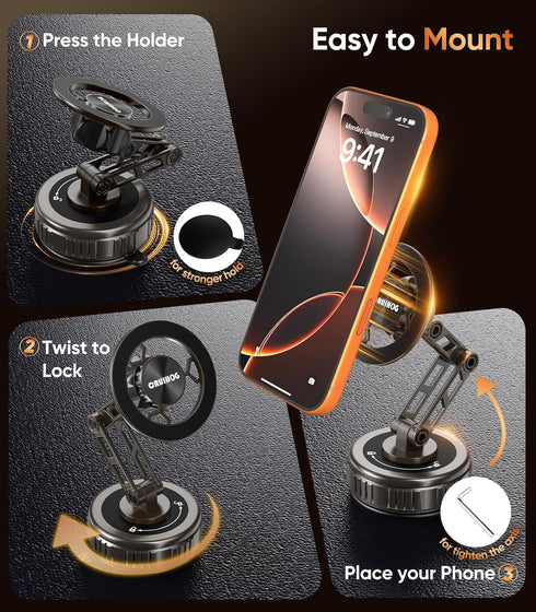 CRUIHOG Holder,3-AXIS 360 Car Phone Telescopic Arm Magnetic Phone Mount, Rotatable & Adjustable & Foldable Vacuum