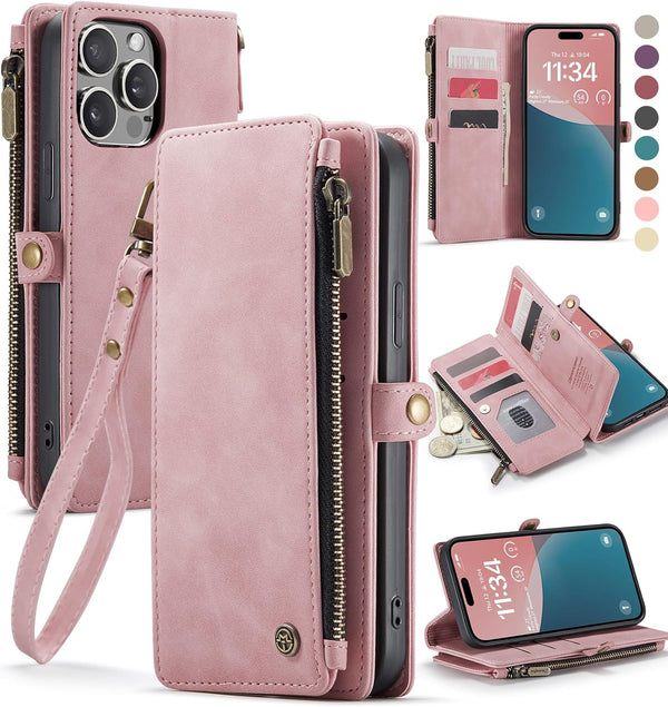 Defencase iPhone 13 Pro Max Wallet Case with RFID Blocking Card Holder, PU Leather Magnetic Snap Flip Zipper Strap