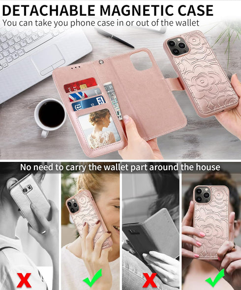 CASEOWL Detachable Wallet Case for iPhone 13 Pro Max, Folio Flip Leather Case with RFID Card Holder Strap - Camellia