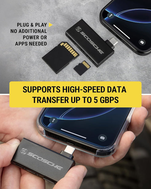 MCRA2 RS-MMC 2-in-1 16, Scosche Dual Slot Memory Card Adapter for SD/Micro SD, SDHC, SDXC and Cards, High Speed USB-C