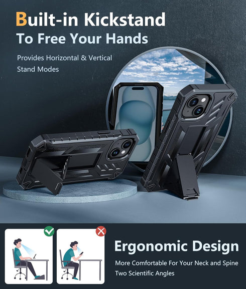FNTCASE iPhone 15 Case: Rugged Black Dual Layer, Military Grade Shockproof, Kickstand, 6.1" Full Protection Cover.