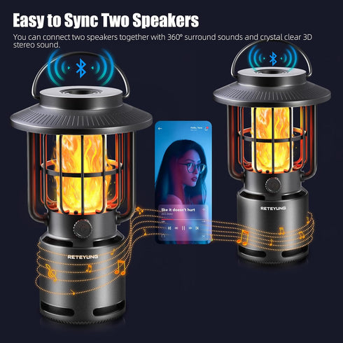 Outdoor Bluetooth Speakers, LED Flame Light, Wireless Portable Speaker, IP65 Waterproof for Camping/Patio