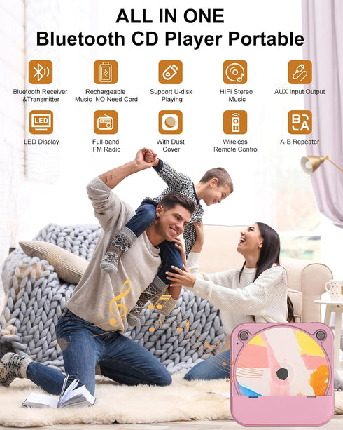 ENVYCLOUD Portable CD Player with Bluetooth, Rechargeable Wireless Mini Desktop for Home with HiFi Speaker, Cute CD
