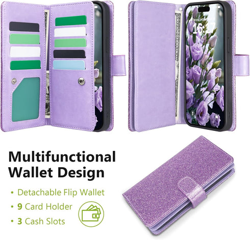 Varikke for iPhone 12 Wallet Case, Detachable with Card Holder, Fashion Glitter Leather Strap, Light Purple
